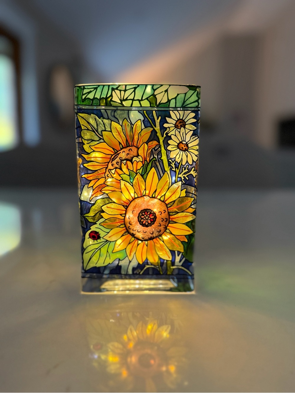 Hand-Painted Sunflower Stained Glass Style Vase - Amia